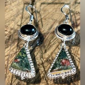 Dragon Bloodstone Jasper & Onyx Earrings 2”